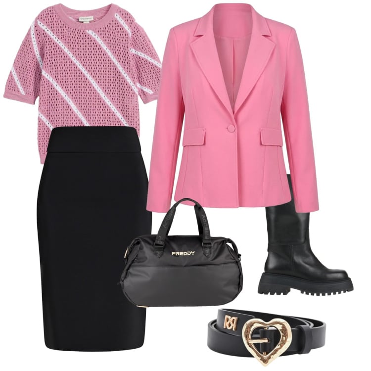 Outfit donna - Total look #2370077. Stile Casual chic per Scuola/Università. Abbinamento con stivali, t-shirt, gonne longuette, cinture, blazer, borse sportive.