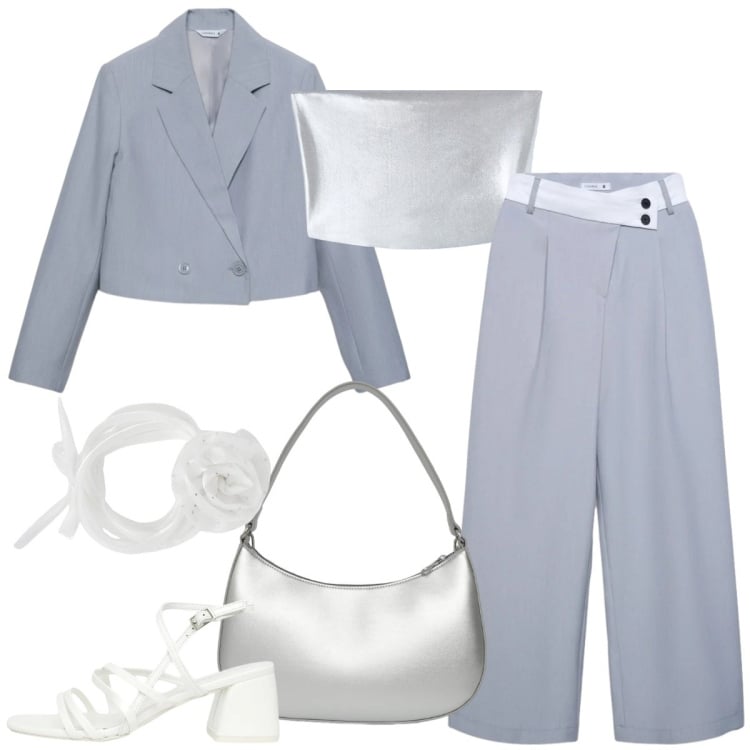 Outfit donna - Terranova Glamour Events. Stile Chic per Cerimonia. Abbinamento con collane, top, blazer, pantaloni, borse a tracolla, sandali col tacco.
