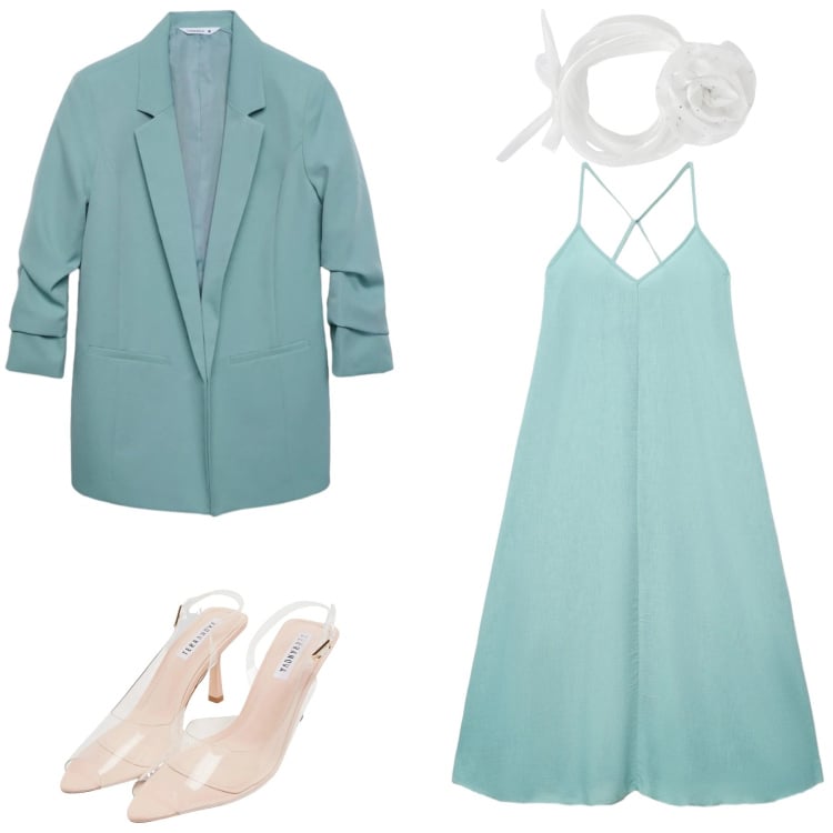 Outfit donna - Freschezza Glam: Monocromatico. Stile Romantica per Cerimonia. Abbinamento con vestiti lunghi, collane, sandali col tacco, blazer.