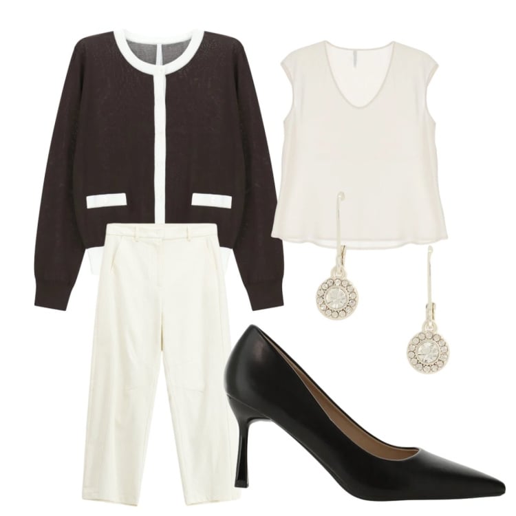 Outfit donna - Imperial eleganza contemporanea. Stile Bon Ton per Ufficio. Abbinamento con cardigans, décolleté, canottiere, pantaloni, orecchini.
