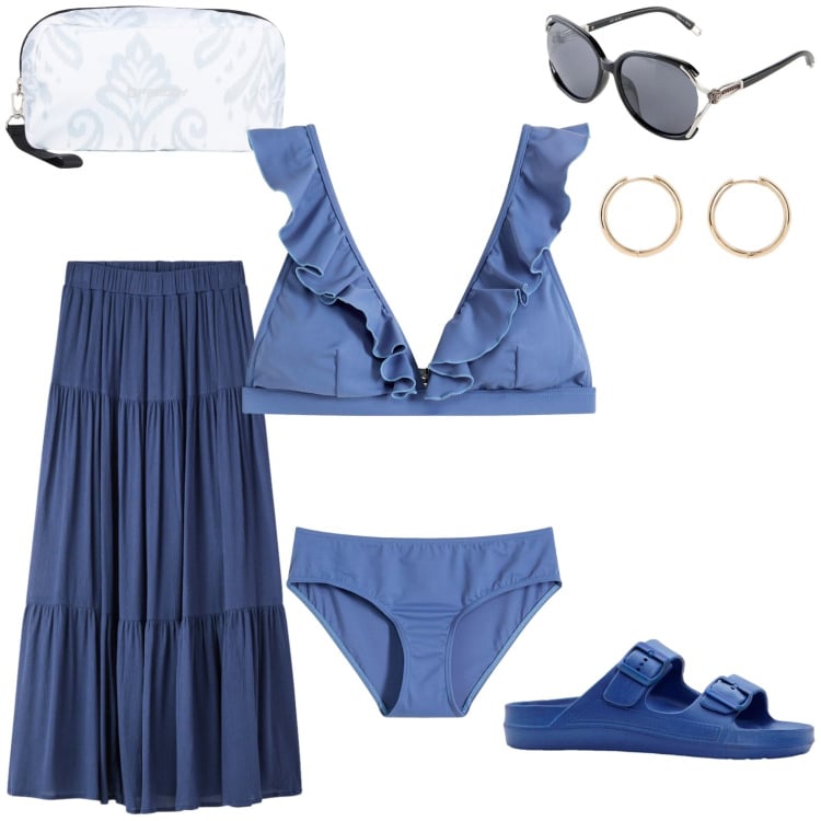 Outfit donna - Triangolo "A". Stile Casual per Mare. Abbinamento con ciabatte, bikini, orecchini, occhiali da sole, gonne lunghe, valigie.