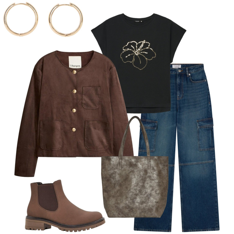 Outfit donna - Total look #2370099. Stile Casual per Tutti i giorni. Abbinamento con blazer, orecchini, stivaletti, t-shirt, shopping bag, jeans.