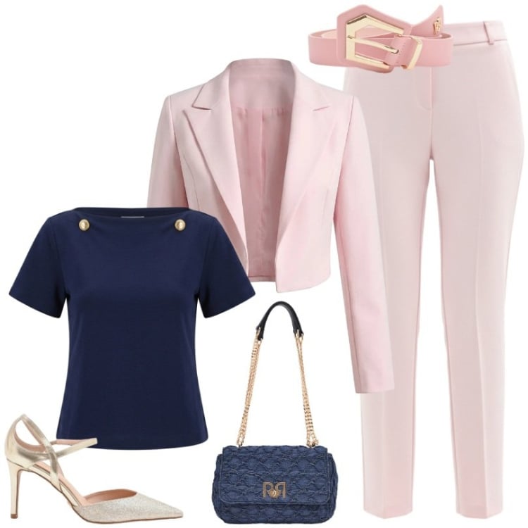 Outfit donna - Rosa pastello e blu un abbinamento chic. Stile Casual chic per Tutti i giorni. Abbinamento con cinture, décolleté, borse a spalla, bolero, t-shirt, pantaloni.