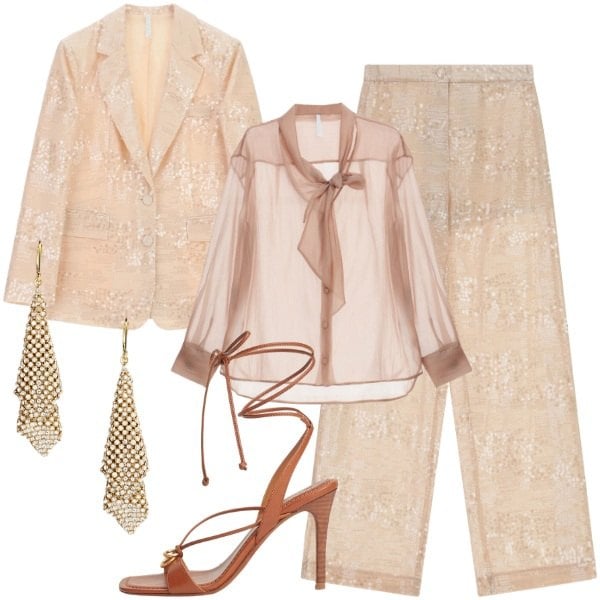 Outfit donna - Imperial - The New Crew SS 2026. Stile Vintage retrò per Serata fuori. Abbinamento con camicie, pantaloni a palazzo, blazer, orecchini, sandali in pelle.