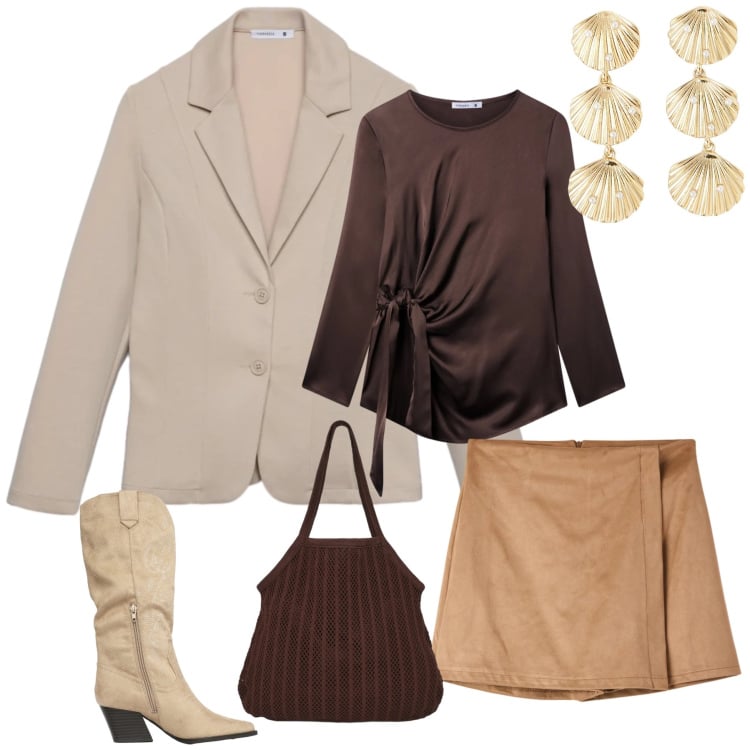 Outfit donna - Eleganza Boho-Chic d\'Autunno. Stile Boho per Tutti i giorni. Abbinamento con bluse, orecchini, minigonne, stivali, blazer, shopping bag.