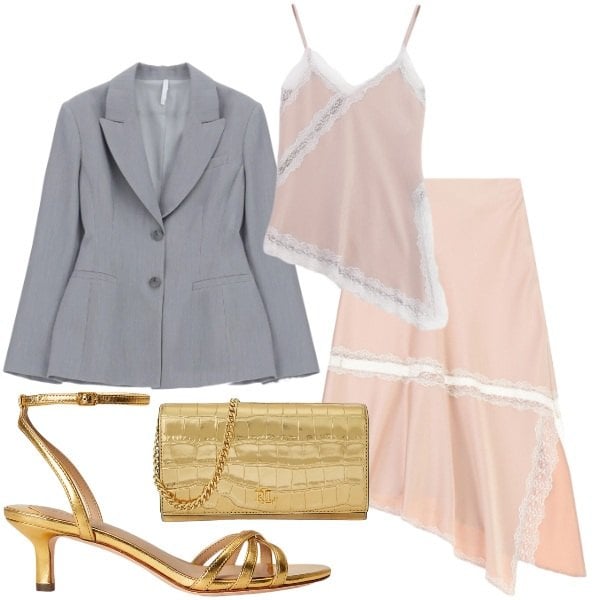 Outfit donna - Imperial - The New Crew SS 2026. Stile Chic per Serata fuori. Abbinamento con gonne longuette, canottiere, blazer, borse a tracolla, sandali in pelle.