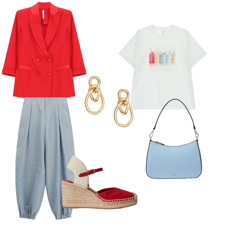 Outfit donna - Corso di marketing. per Scuola/Università. Abbinamento con t-shirt, blazer, pantaloni, borse a spalla, orecchini, zeppe.