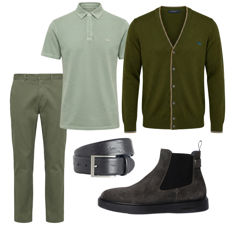 Outfit uomo - Cardigan profilato. Stile Urban per Tutti i giorni. Abbinamento con cinture, pantaloni cargo, stivali e stivaletti, cardigans, polo.