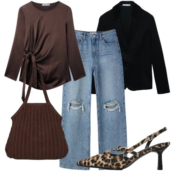 Outfit donna - Terranova Glams Events. Stile Casual chic per Tutti i giorni. Abbinamento con bluse, décolleté, blazer, jeans strappati, shopping bag.