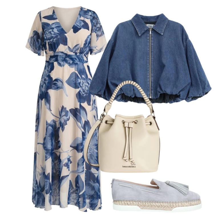 Outfit donna - Fiori blu. Stile Glamour per Tutti i giorni. Abbinamento con espadrillas, borse a secchiello, blazer, vestiti lunghi.