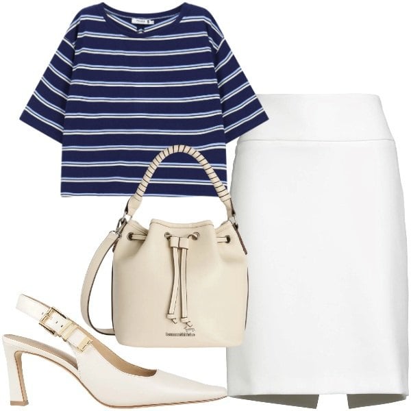 Outfit donna - Minimal in ufficio. Stile Minimal per Ufficio. Abbinamento con minigonne, décolleté, borse a secchiello, top.