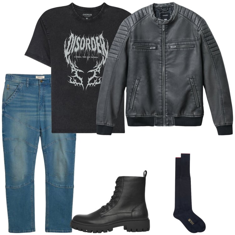 Outfit uomo - Total look #2370124. Stile Biker Rock per Tutti i giorni. Abbinamento con jeans dritti, giacche, anfibi, calzini, t-shirt.