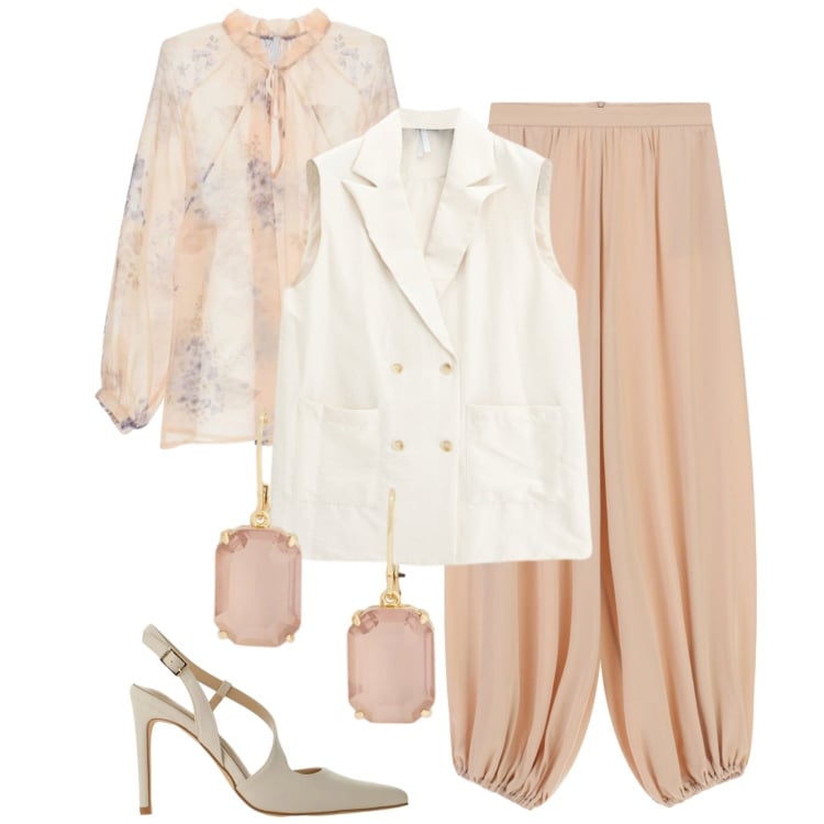 Outfit donna - Imperial ss26. Stile Chic per Tutti i giorni. Abbinamento con pantaloni a palazzo, décolleté, bluse, gilet, orecchini.