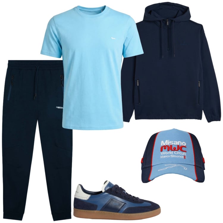 Outfit uomo - Total look #2370129. Stile Casual per Sport. Abbinamento con t-shirt, sneakers, pantaloni, felpe con cappuccio, cappelli.