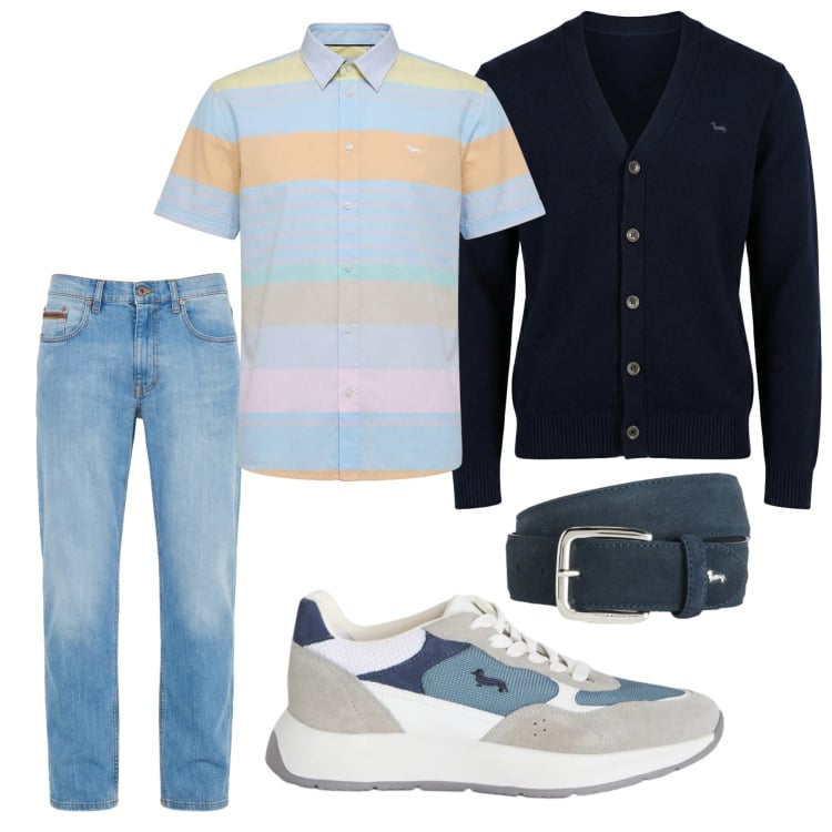 Outfit uomo - Cardigan blu navy. Stile Urban per Tutti i giorni. Abbinamento con jeans, sneakers, cinture, camicie a manica corta, cardigans.