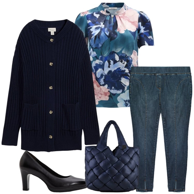 Outfit donna - Total look #2370149. Stile Casual chic per Ufficio. Abbinamento con décolleté, cardigans, jeggings, bluse, borse tote.