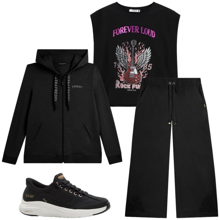 Outfit donna - Total look #2370152. Stile Sporty chic per Sport. Abbinamento con sneakers, top, pantaloni, felpe con cappuccio.