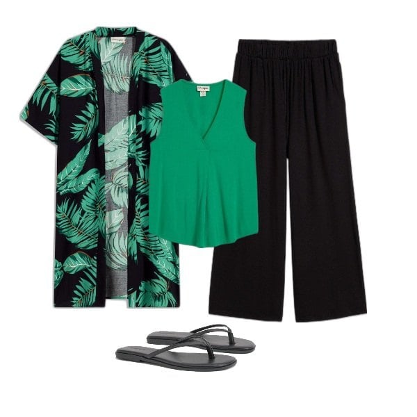 Outfit femme - kimono. Style Casual pour Tous les jours. Assortir avec jupe-culotte, manteaux, hauts, tong.