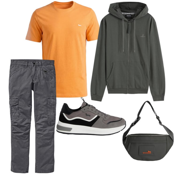 Outfit uomo - Casual e comfort. Stile Casual per Tutti i giorni. Abbinamento con pantaloni cargo, borse sportive, t-shirt, sneakers, felpe con cappuccio.