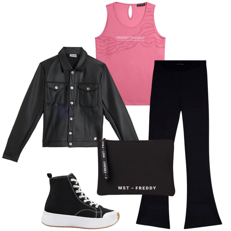 Outfit donna - Total look #2370175. Stile Sporty chic per Tutti i giorni. Abbinamento con sneakers alte, giacche, pantaloni, pochette, canottiere.