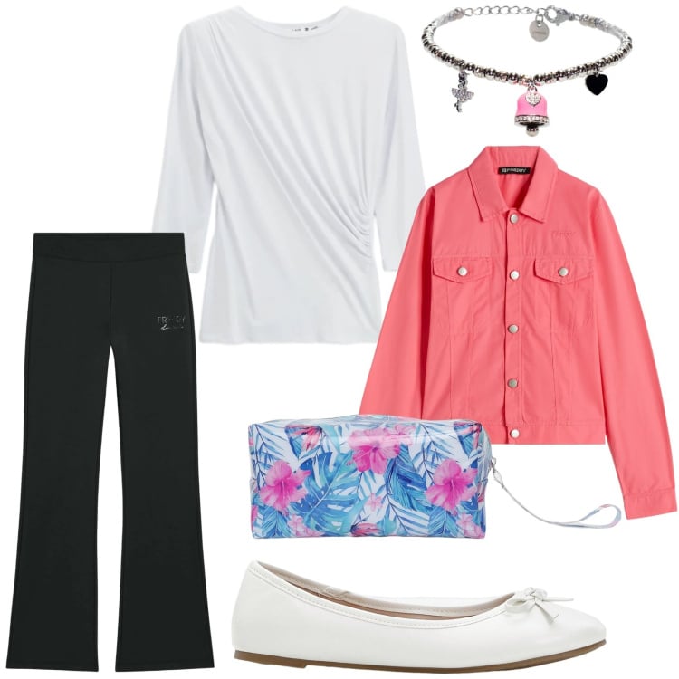 Outfit donna - Look di primavera. Stile Minimal per Tutti i giorni. Abbinamento con ballerine, valigie, top, blazer, braccialetti, pantaloni.