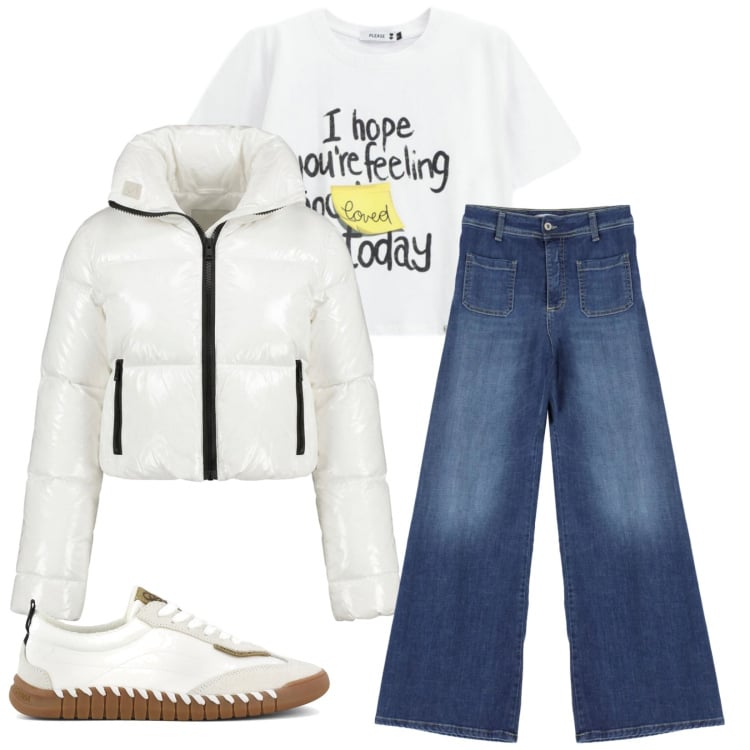 Outfit donna - Total look #2370187. Stile Casual per Tutti i giorni. Abbinamento con jeans, t-shirt, piumini, sneakers.