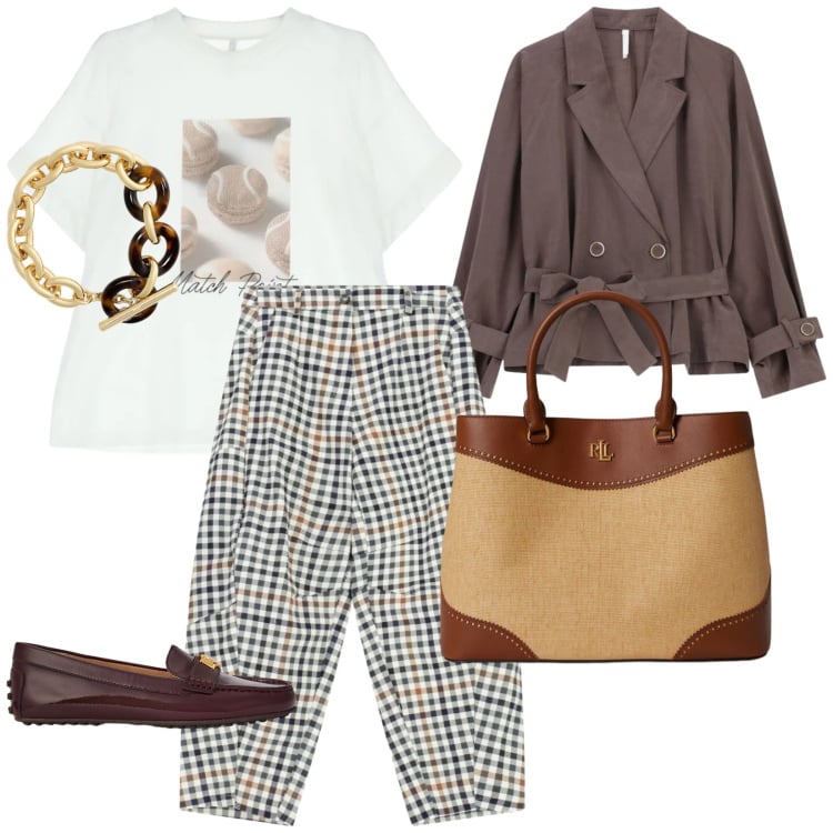 Outfit donna - Primavera Imperial. per Tutti i giorni. Abbinamento con pantaloni a palazzo, blazer, t-shirt, mocassini, borse a mano, braccialetti.