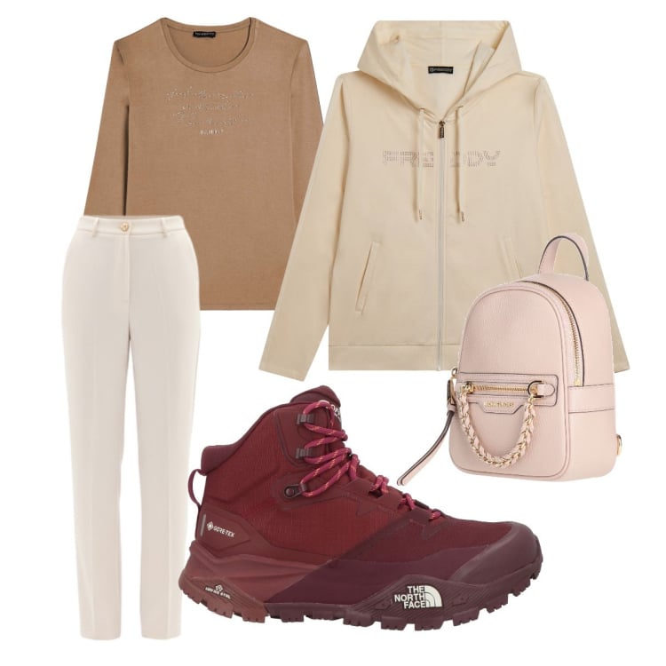 Outfit donna - Qui e ora!. Stile Sporty chic per Tutti i giorni. Abbinamento con zaini, stivaletti, pantaloni, t-shirt, felpe con cappuccio.