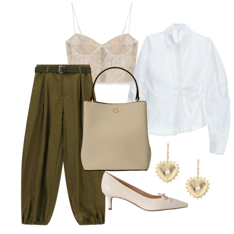 Outfit donna - Marzo. Stile Glamour per Tutti i giorni. Abbinamento con camicie, pantaloni, canottiere, orecchini, borse a secchiello, décolleté.