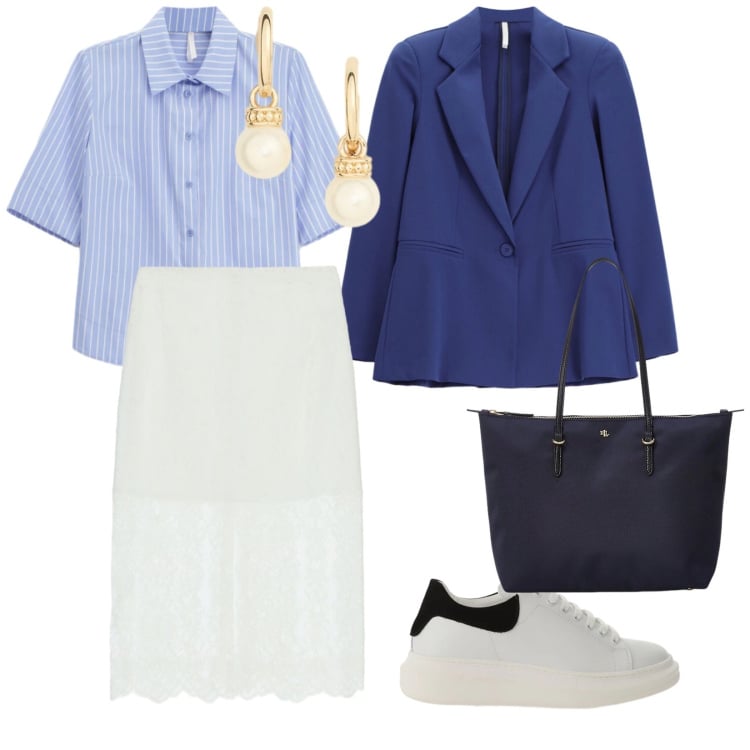 Outfit donna - Collezione Imperial. per Tutti i giorni. Abbinamento con camicie a manica corta, blazer, sneakers, gonne longuette, borse tote, orecchini.