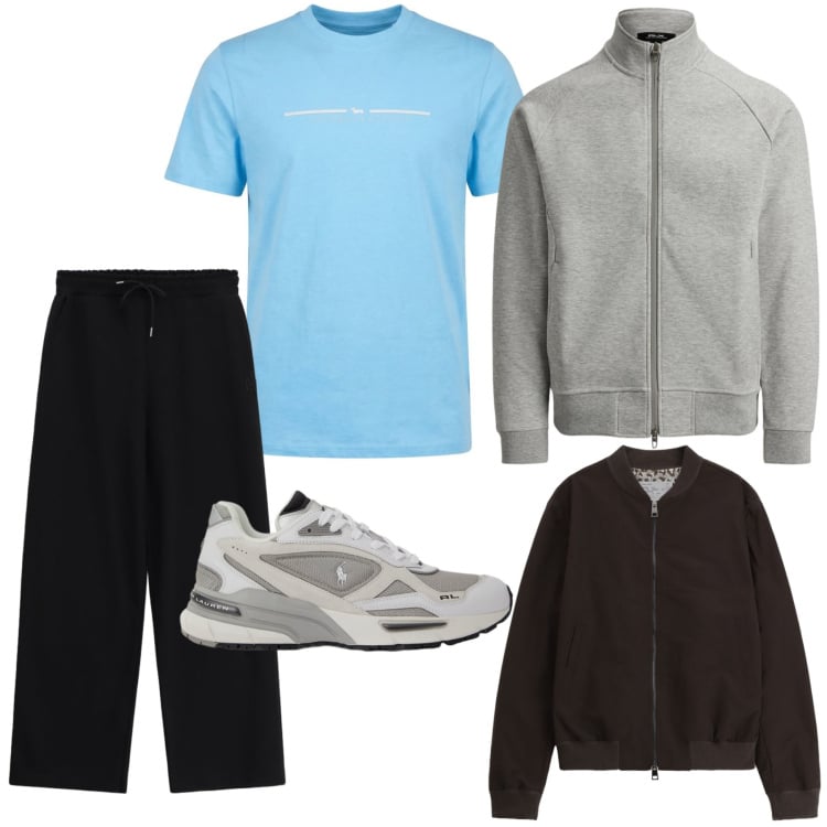 Outfit uomo - Dinamico urbano. Stile Casual per Sport. Abbinamento con t-shirt sportive, bomber, pantaloni sportivi, giacche sportive, sneakers.