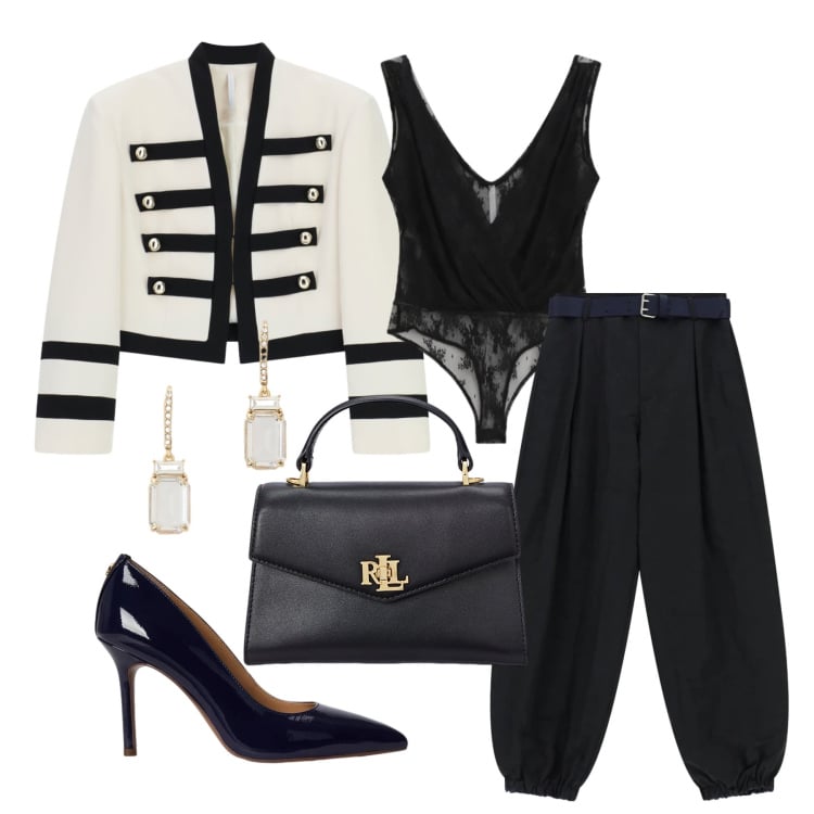 Outfit donna - Marzo. Stile Glamour per Cerimonia. Abbinamento con blazer, pantaloni, top, borse a mano, orecchini, décolleté.