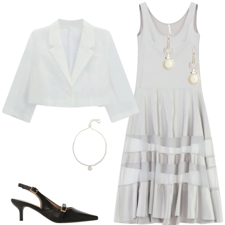 Outfit donna - Tessuto leggeri e trasparenze. Stile Glamour per Cerimonia. Abbinamento con blazer, sandali col tacco, vestiti lunghi, braccialetti, orecchini.