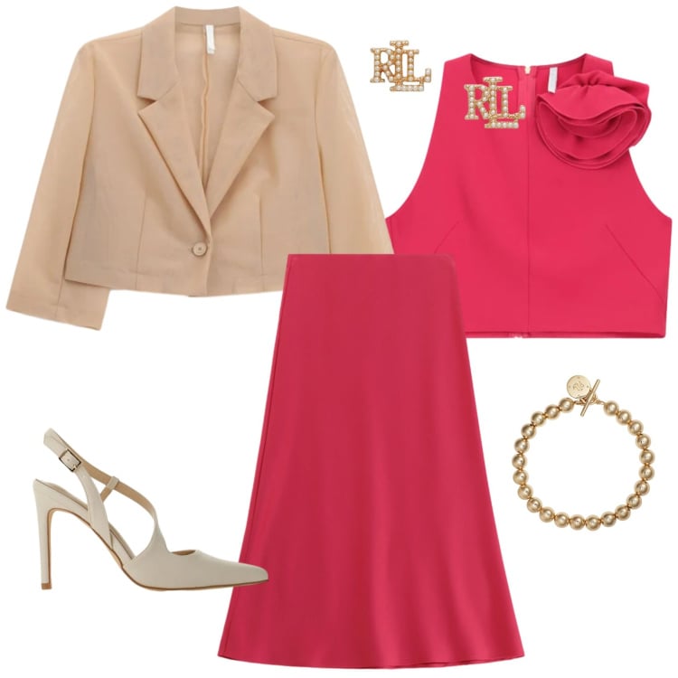 Outfit donna - Eleganza contemporanea. Stile Trendy per Serata fuori. Abbinamento con gonne longuette, top, décolleté, blazer, orecchini, braccialetti.
