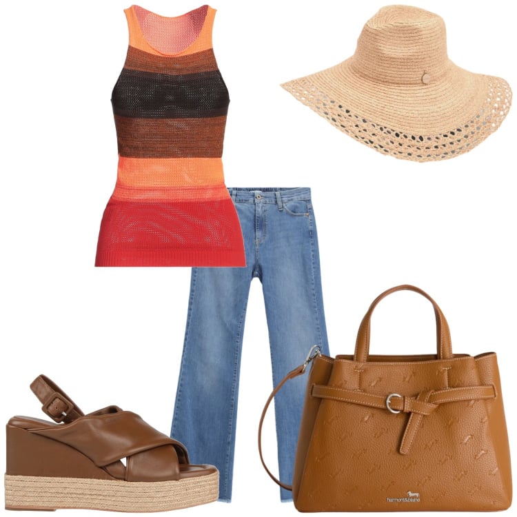 Outfit donna - Caldo estivo. Stile Urban per Tutti i giorni. Abbinamento con top, espadrillas, borse a mano, jeans, cappelli.