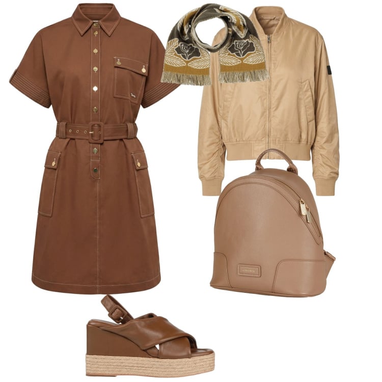 Outfit donna - Tonalità marrone. per Tutti i giorni. Abbinamento con zaini, sciarpe, espadrillas, vestiti chemisier, bomber.