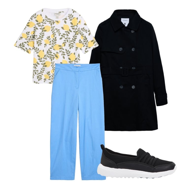 Outfit donna - Pantaloni chino e limoni. Stile Casual per Tutti i giorni. Abbinamento con sneakers, pantaloni chino, t-shirt, trench.