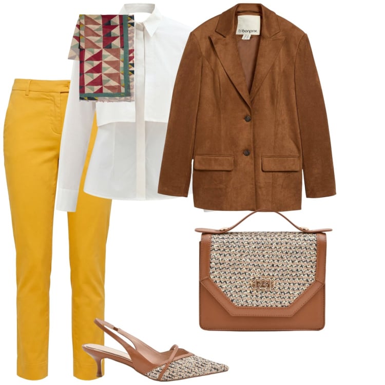 Outfit donna - Pantaloni gialli. per Ufficio. Abbinamento con blazer, pantaloni, sciarpe, pochette, décolleté, camicie.