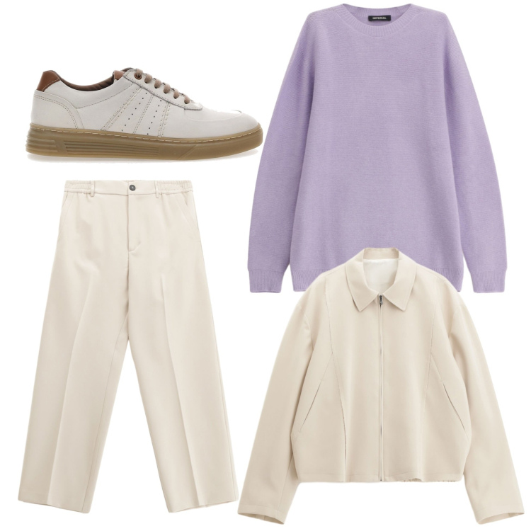 Outfit uomo - Panna e lilla. Stile Trendy per Serata speciale. Abbinamento con pantaloni, cappotti, maglieria, scarpe stringate.
