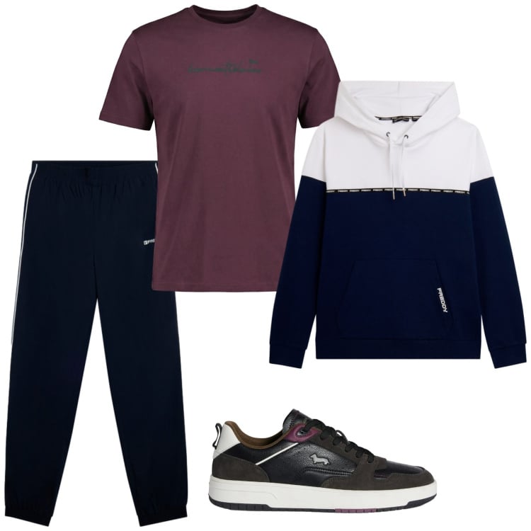 Outfit uomo - Coordinato per lo sport. Stile Casual per Sport. Abbinamento con sneakers, t-shirt, pantaloni sportivi, felpe con cappuccio.