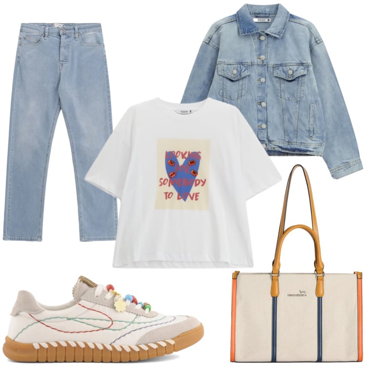Outfit donna - Total look #2370257. Stile Trendy per Scuola/Università. Abbinamento con borse tote, jeans, blazer, t-shirt, sneakers.