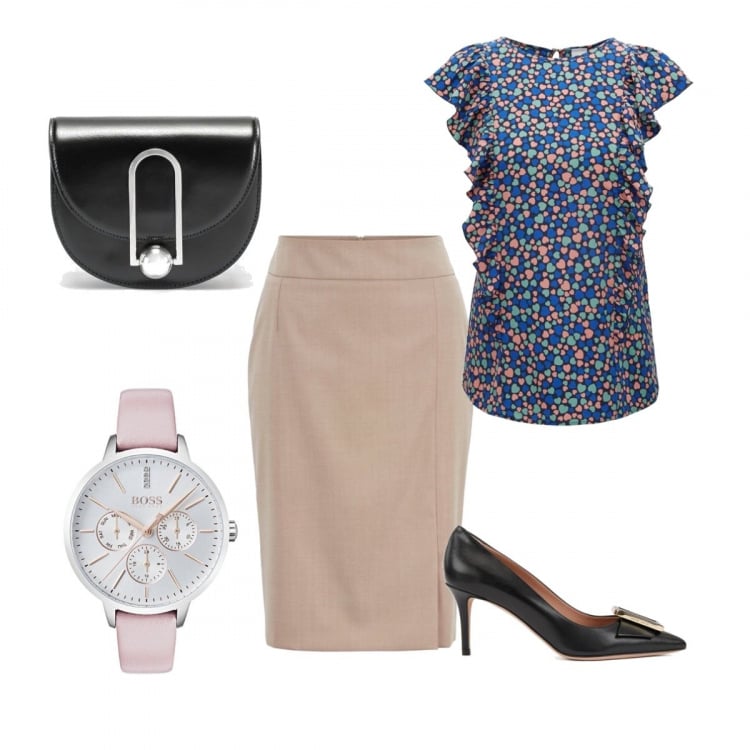 Outfit donna - Total look #237026. Abbinamento con camicetta con stampa in seta, décolleté montone in pelle, gonna a tubino in cupro, orologio con cinturino, borsa a tracolla mini effetto lucido con fibbia argento.