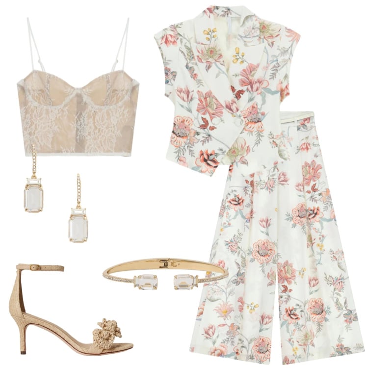 Outfit donna - Imperial - Il completo floreale. Stile Glamour per Cerimonia. Abbinamento con pantaloni a palazzo, gilet, canottiere, orecchini, braccialetti, sandali in pelle.