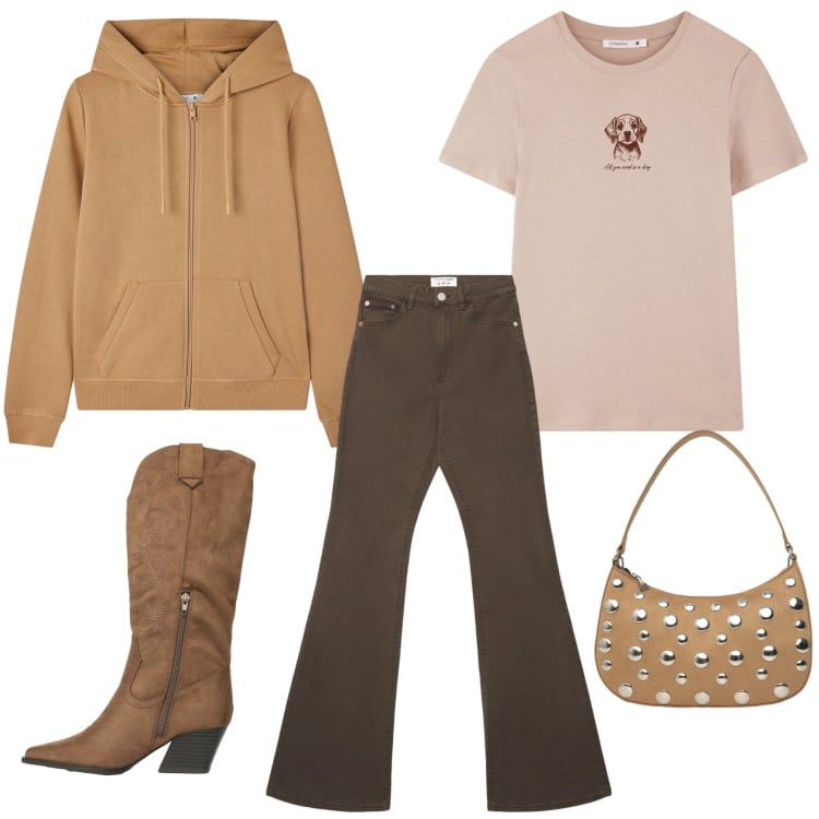 Outfit donna - Oggi mi sento così. Stile Casual per Tutti i giorni. Abbinamento con jeans a zampa, t-shirt, felpe con cappuccio, stivali, borse a tracolla.