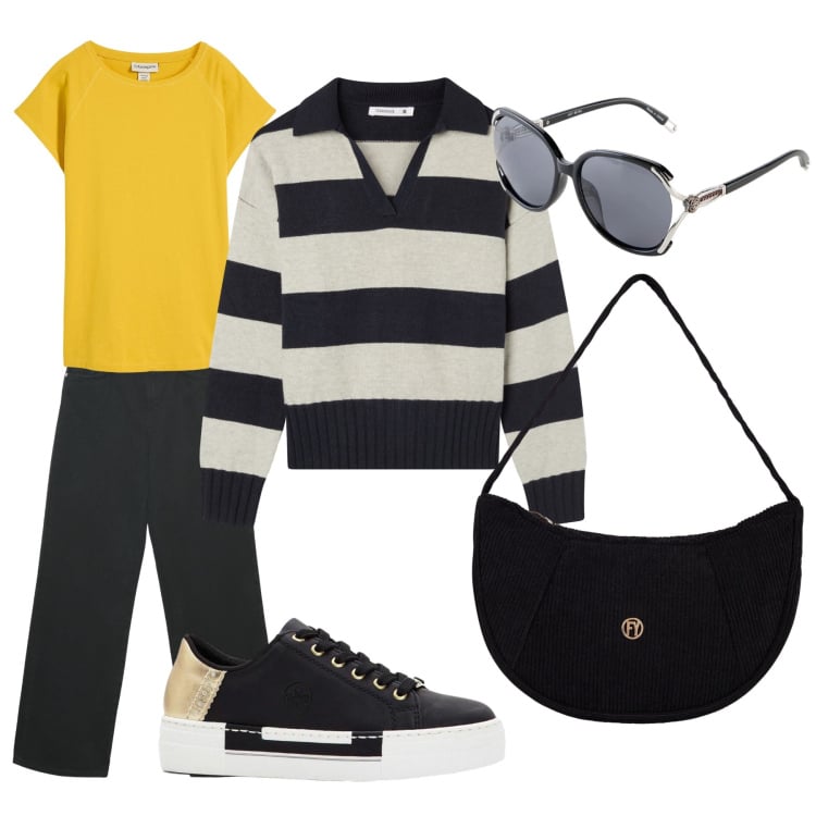 Outfit donna - Solitamente. Stile Casual per Tutti i giorni. Abbinamento con sneakers, t-shirt, occhiali da sole, maglieria, jeans, borse a mano.