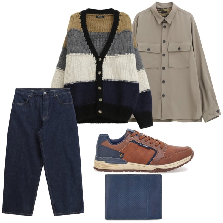 Outfit uomo - Imperial - The New Crew SS 2026. Stile Casual per Tutti i giorni. Abbinamento con jeans, camicie, cardigans, portafogli, sneakers.