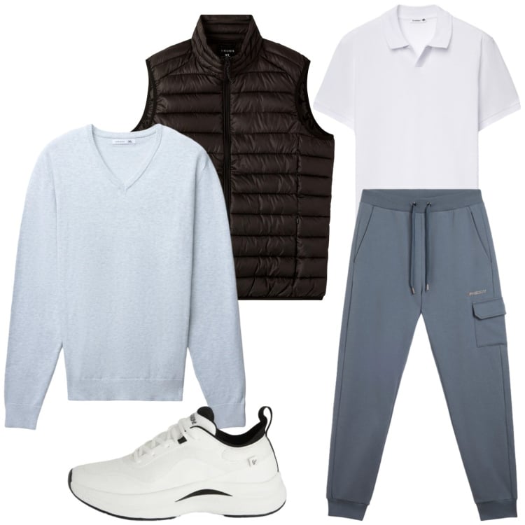 Outfit uomo - Sporty chic. Stile Trendy per Tutti i giorni. Abbinamento con pantaloni cargo, sneakers, piumini, polo, maglieria.