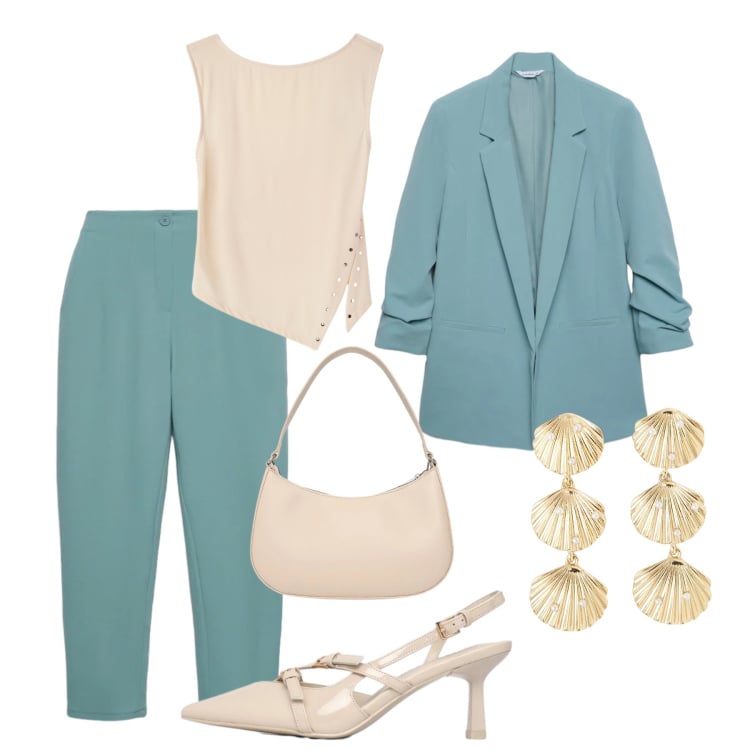 Outfit donna - Evento verde acqua. Stile Chic per Cerimonia. Abbinamento con blazer, orecchini, décolleté, pantaloni chino, borse a tracolla, top.