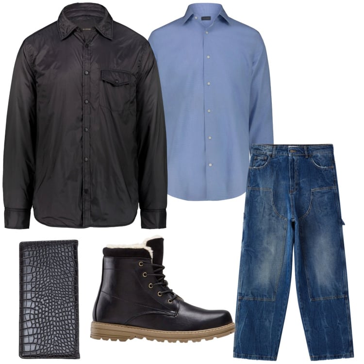Outfit uomo - Primavera glam. Stile Casual per Tutti i giorni. Abbinamento con stivali e stivaletti, giacche, camicie, jeans dritti, portafogli.