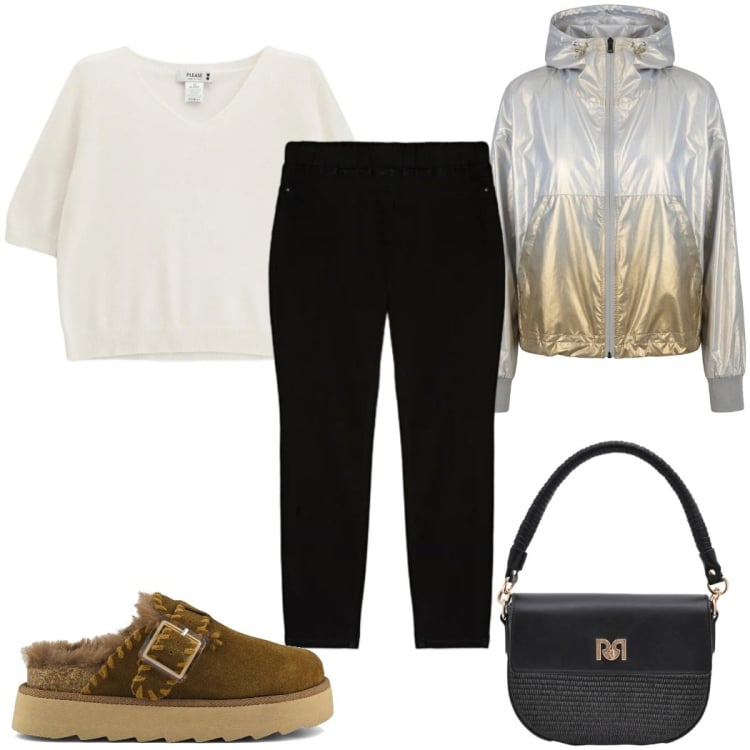 Outfit donna - Total look #2370311. Stile Trendy per Tutti i giorni. Abbinamento con jeggings, maglieria, borse a spalla, giacche sportive, sabot.